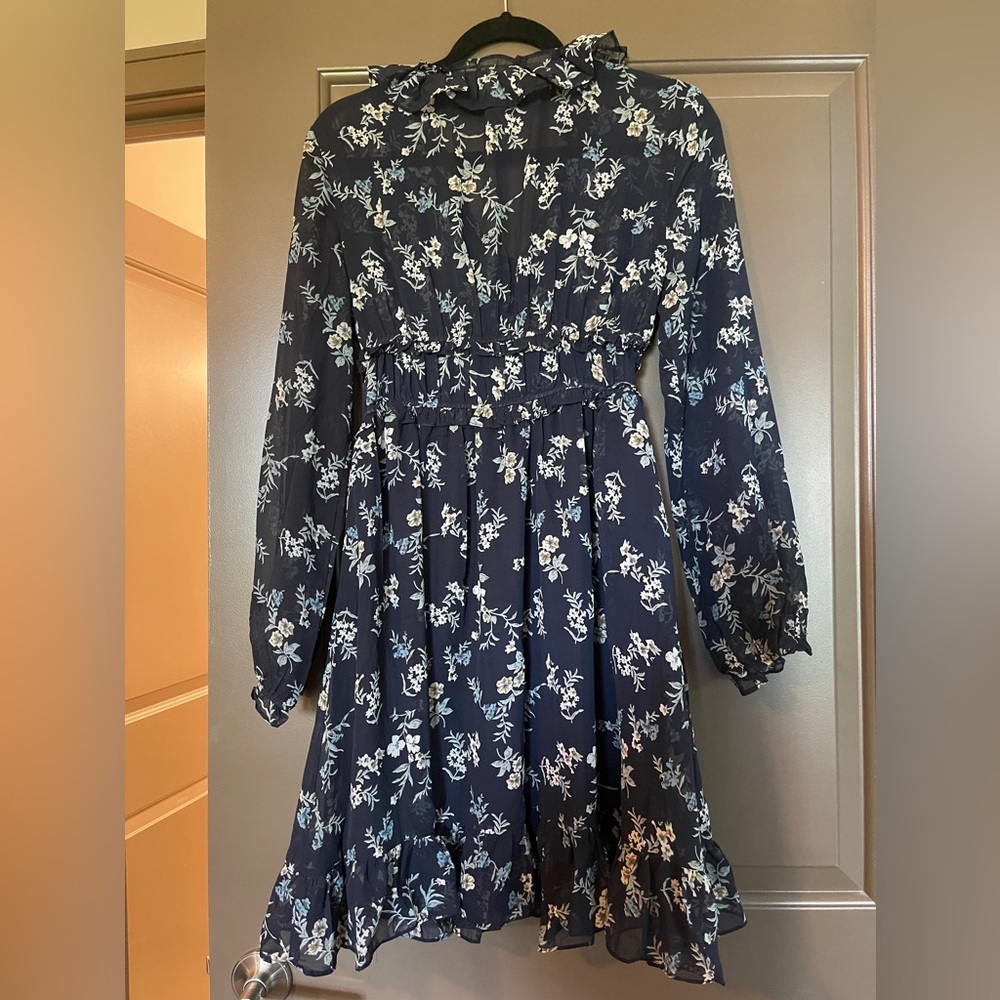 Navy Floral Ruffle Mini Dress - Picture 2 of 5